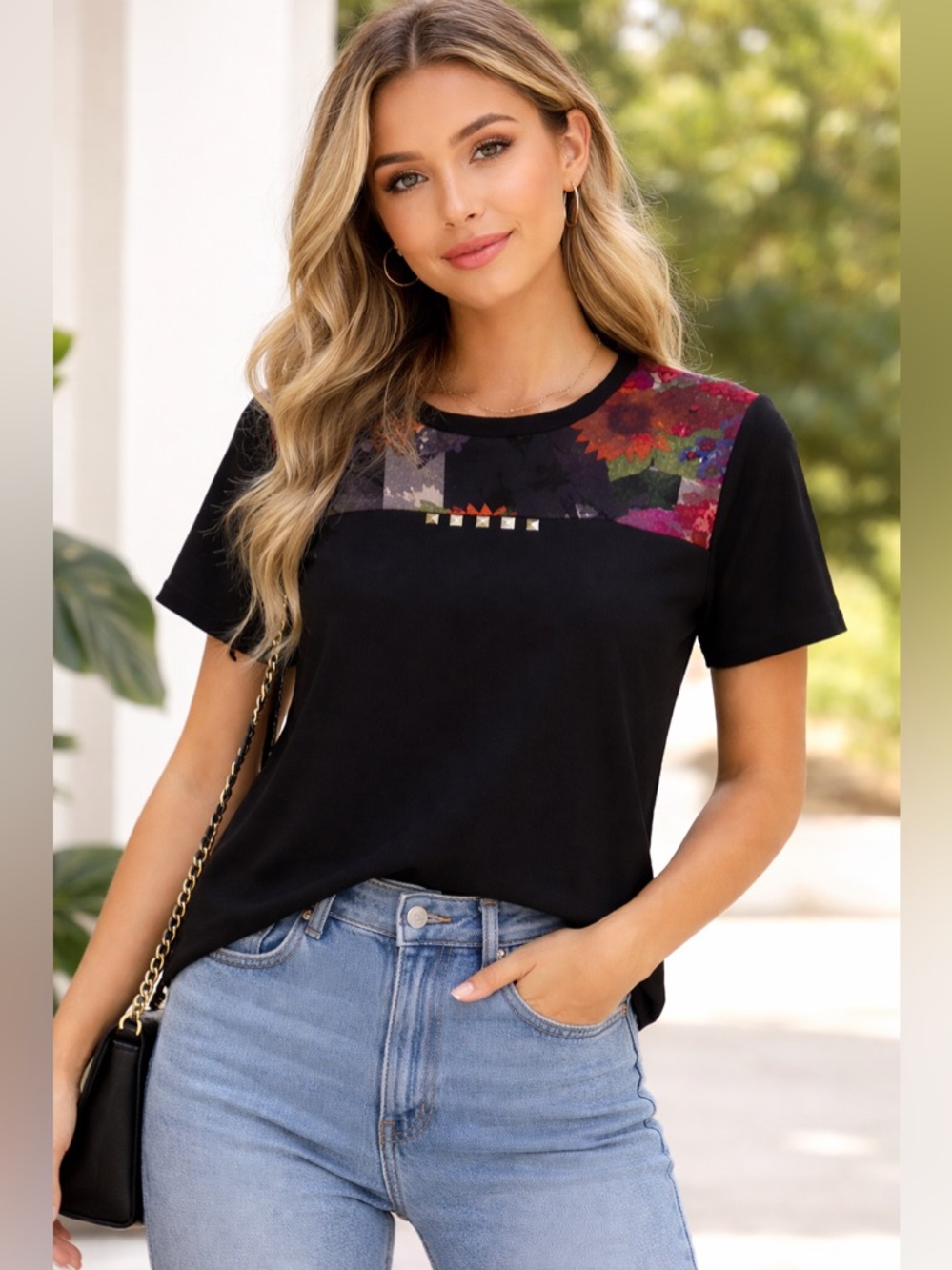 Olga Santoni / Short Sleeve Knit Top Floral & Stud Accents Spain -Sz L -NWT